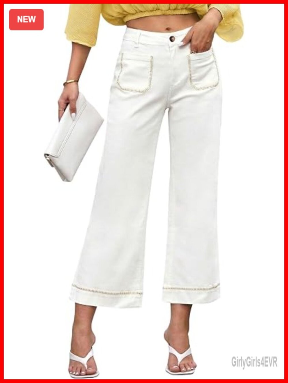 High Waisted Wide Leg Jeans Contrast Stitching Cropped Ankle Denim